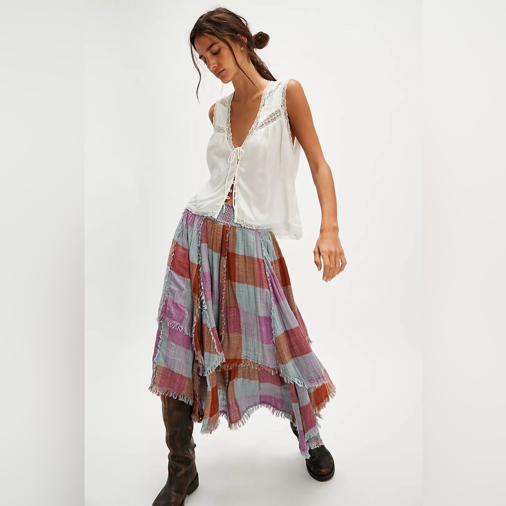 Free People FP One Averie Maxi Skirt Light Blue Patchwork Combo NWT Size L